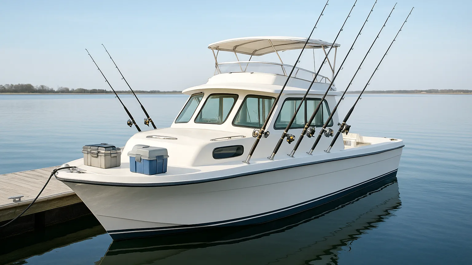 A fishing charter boat moored at a dock with fishing rods secured in rod holders, tackle boxes visible on deck, and calm water reflecting the vessel.