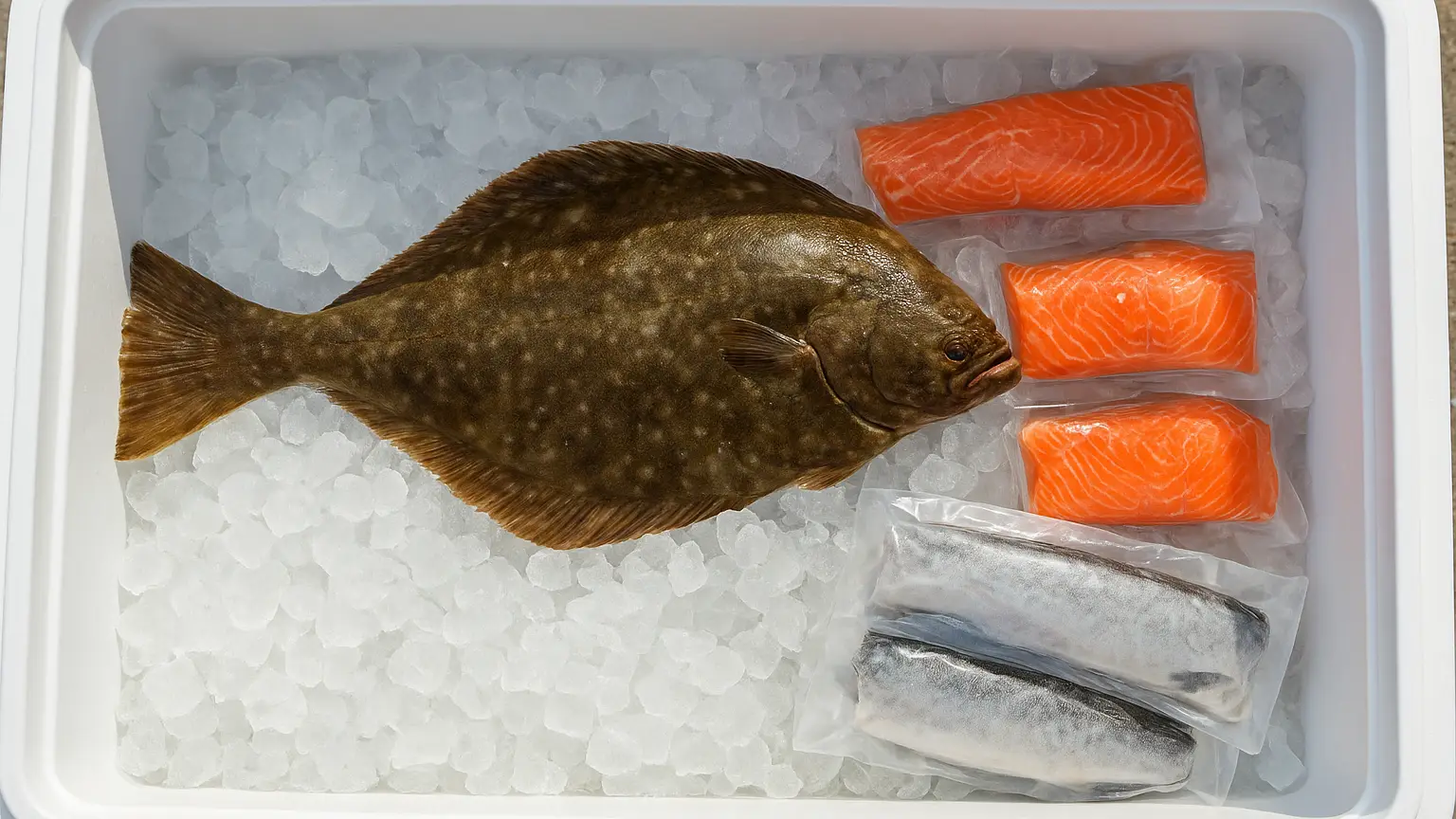 A freshly caught halibut on ice in a cooler, alongside vacuum-sealed salmon fillets and frozen fish packages ready for shipping.