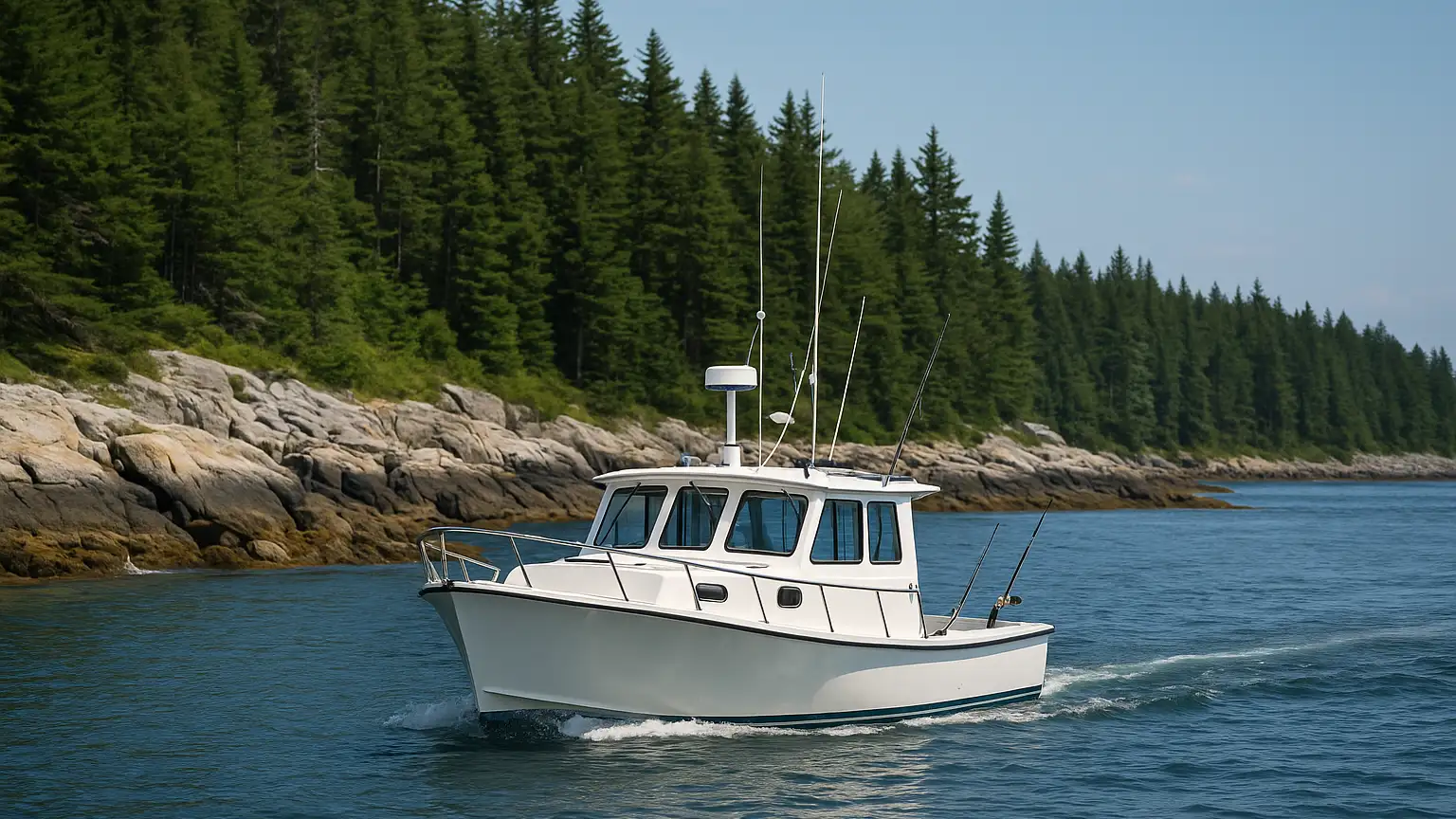 A fishing charter boat navigating through protected coastal waters with rocky shoreline and evergreen forest visible, demonstrating sheltered fishing grounds.